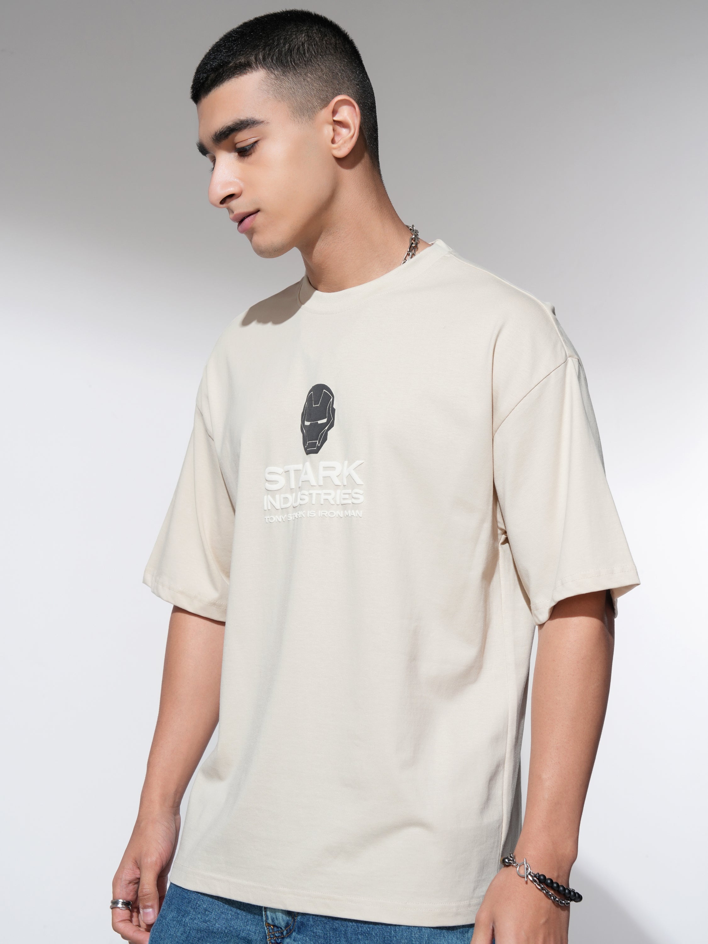 Marvel By Highlander Men Cream Iron Man Printed Round Neck Oversized Fit T-Shirt - Cream - Image 4