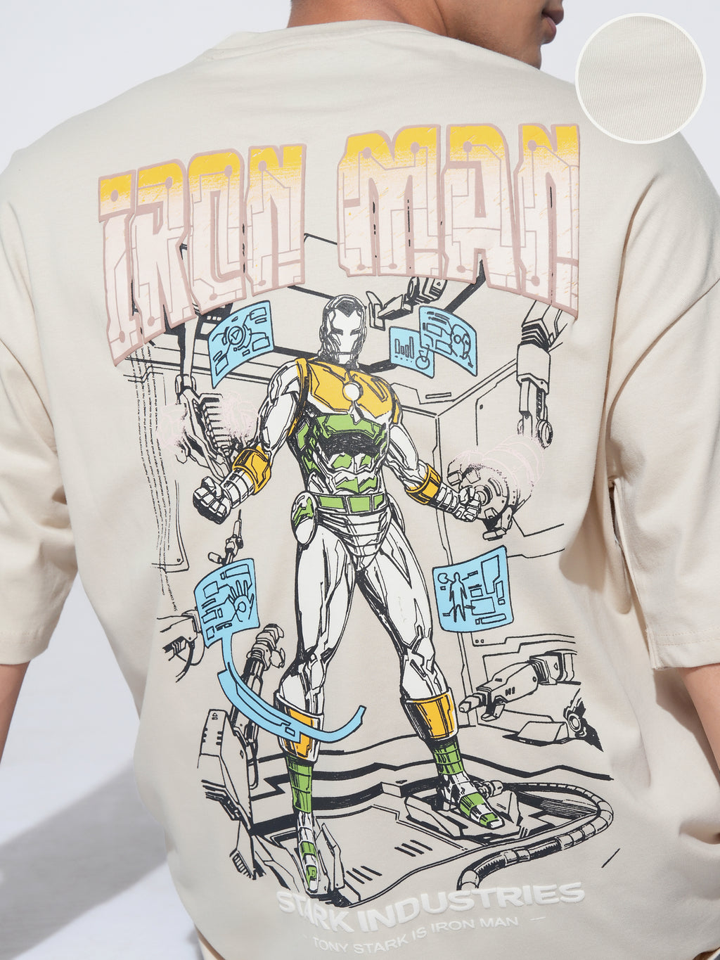 Marvel By Highlander Men Cream Iron Man Printed Round Neck Oversized Fit T-Shirt - Cream - Image 5