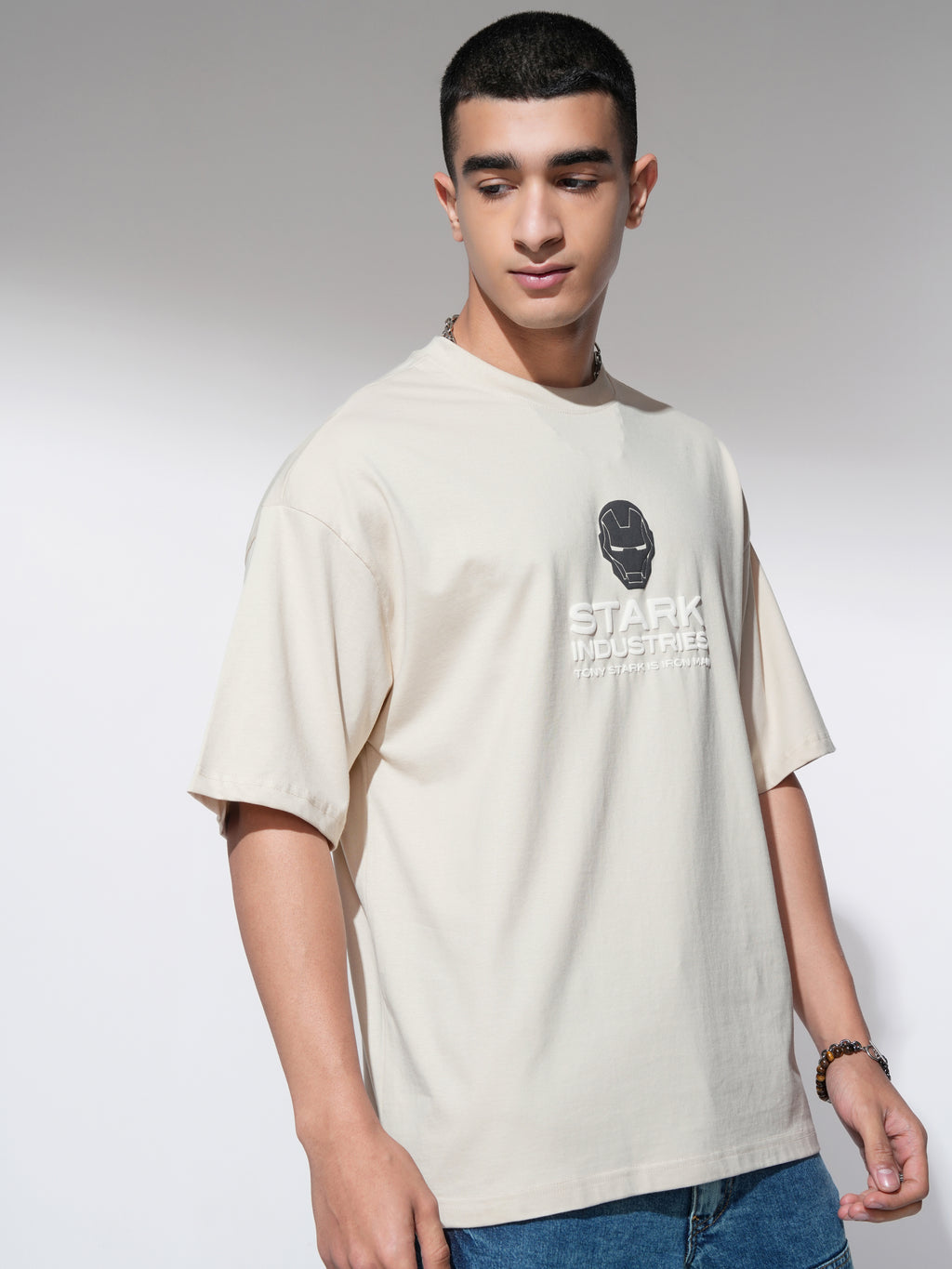 Marvel By Highlander Men Cream Iron Man Printed Round Neck Oversized Fit T-Shirt - Cream - Image 6