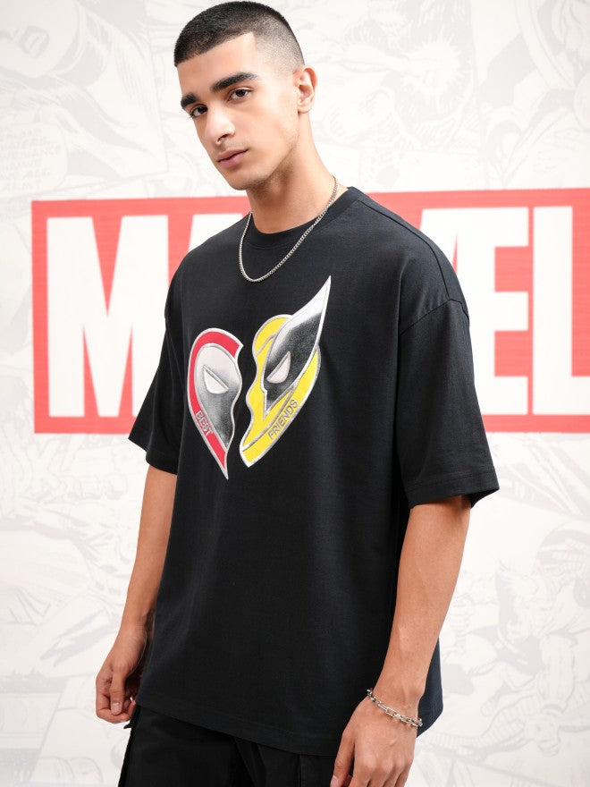 Marvel By Highlander Men Black Deadpool And Wolverine Printed Round Neck Oversized Fit T-Shirt - Black - Image 4