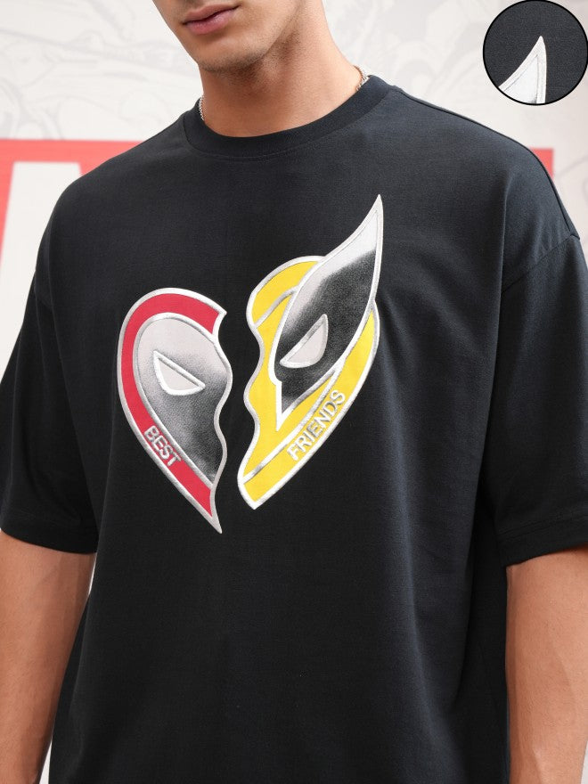 Marvel By Highlander Men Black Deadpool And Wolverine Printed Round Neck Oversized Fit T-Shirt - Black - Image 5