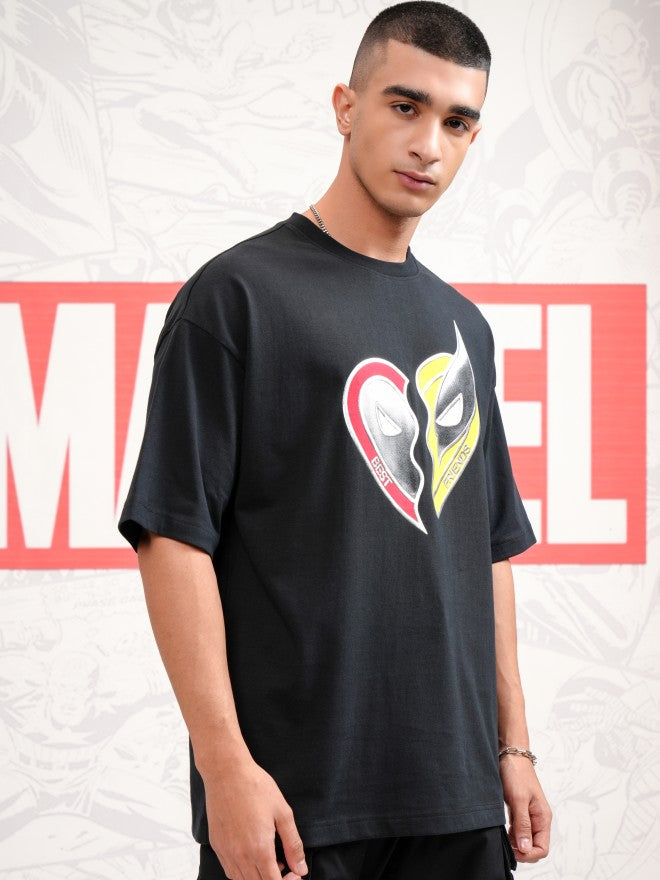 Marvel By Highlander Men Black Deadpool And Wolverine Printed Round Neck Oversized Fit T-Shirt - Black - Image 6
