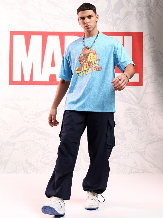 Marvel By Highlander Men Blue Groot Printed Round Neck Oversized Fit T-Shirt - Blue - Image 2