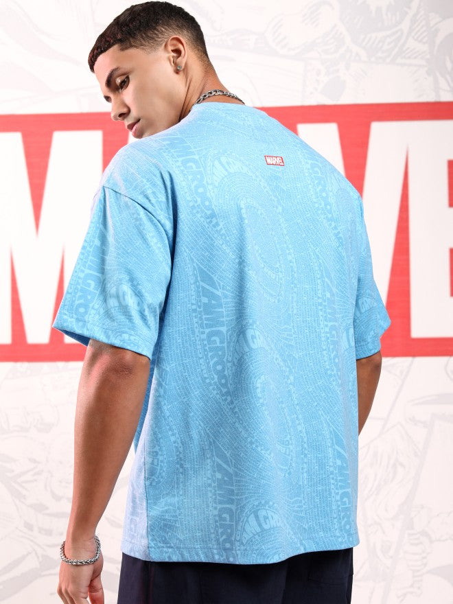 Marvel By Highlander Men Blue Groot Printed Round Neck Oversized Fit T-Shirt - Blue - Image 3