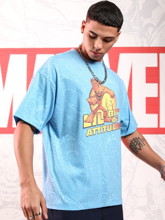 Marvel By Highlander Men Blue Groot Printed Round Neck Oversized Fit T-Shirt - Blue - Image 6