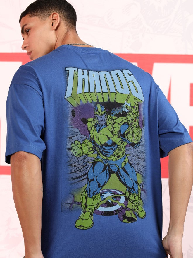 Marvel By Highlander Men Blue Thanos Printed Round Neck Oversized Fit T-Shirt - Blue - Image 1