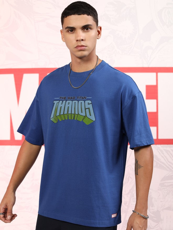 Marvel By Highlander Men Blue Thanos Printed Round Neck Oversized Fit T-Shirt - Blue - Image 4