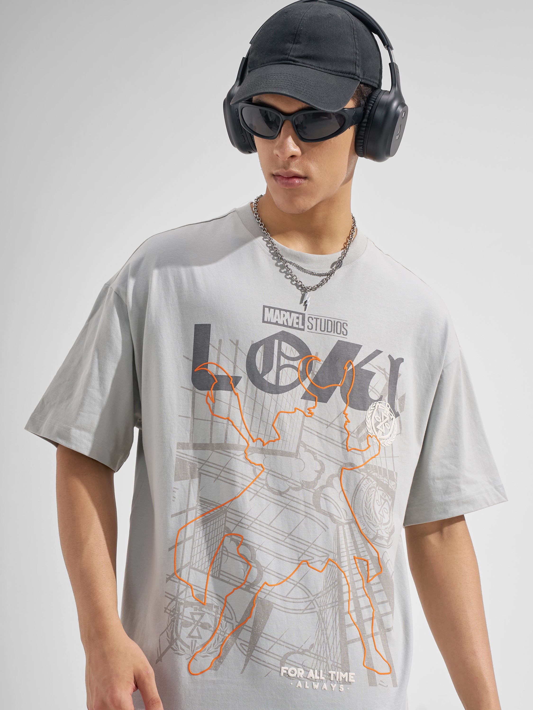 Marvel By Highlander Men Grey loki Printed Round Neck Oversized Fit T-Shirt