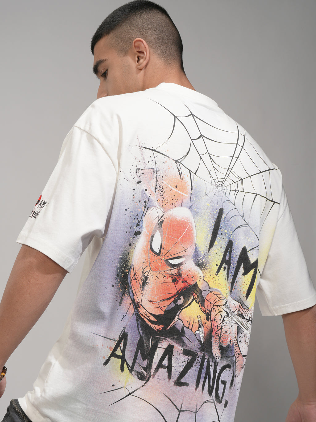 Marvel By Highlander Men Off White Spider Man Printed Round Neck Oversized Fit T-Shirt - Off White - Image 1