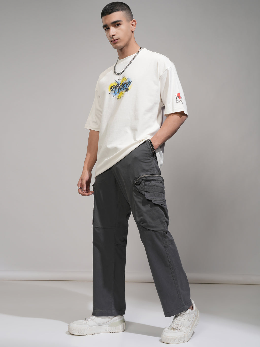 Marvel By Highlander Men Off White Spider Man Printed Round Neck Oversized Fit T-Shirt - Off White - Image 2