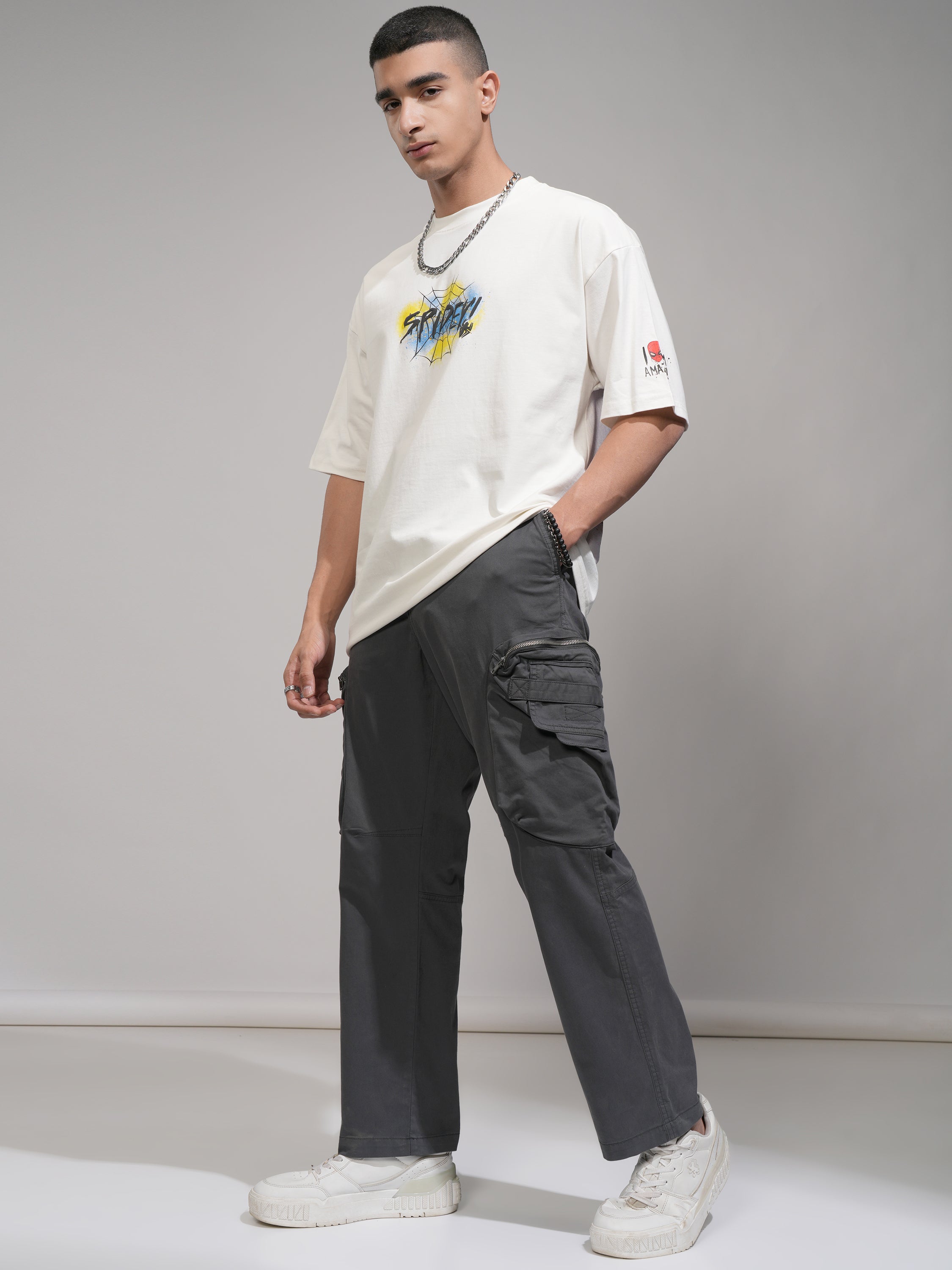 Marvel By Highlander Men Off White Spider Man Printed Round Neck Oversized Fit T-Shirt - Off White - Image 2