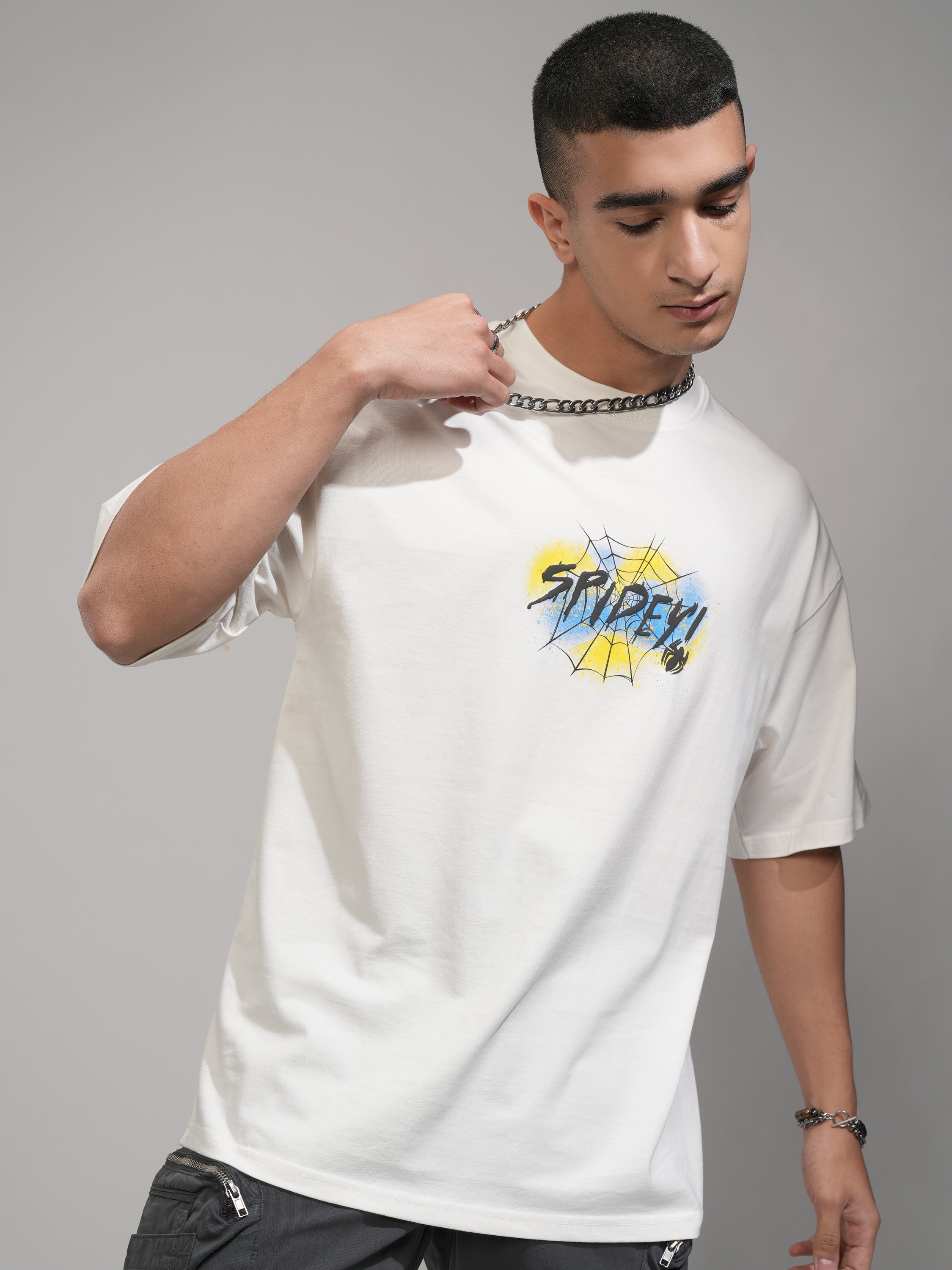 Marvel By Highlander Men Off White Spider Man Printed Round Neck Oversized Fit T-Shirt - Off White - Image 3