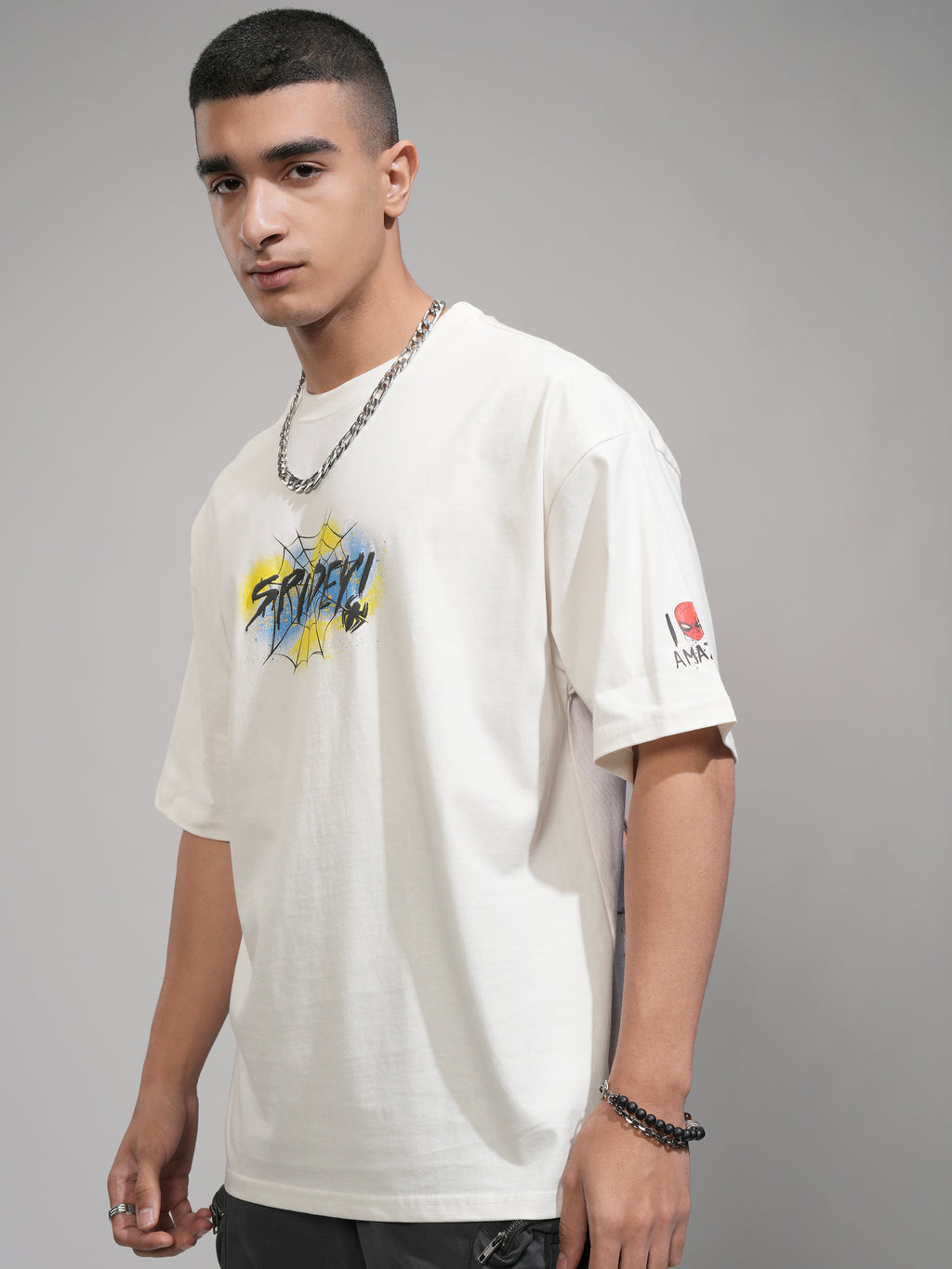 Marvel By Highlander Men Off White Spider Man Printed Round Neck Oversized Fit T-Shirt - Off White - Image 4