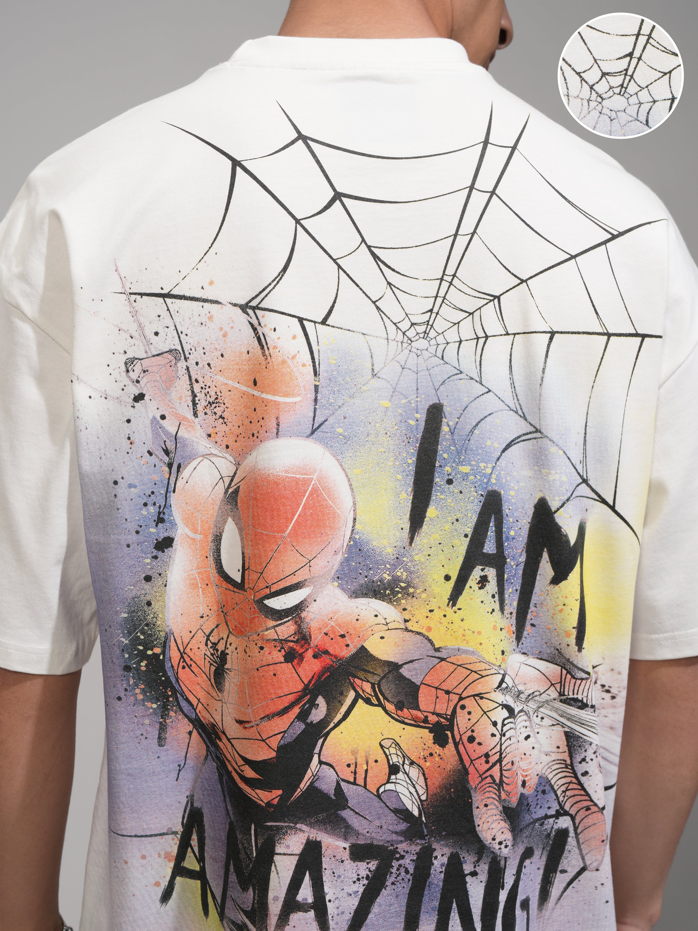 Marvel By Highlander Men Off White Spider Man Printed Round Neck Oversized Fit T-Shirt - Off White - Image 5
