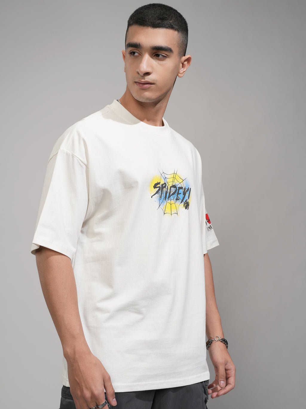 Marvel By Highlander Men Off White Spider Man Printed Round Neck Oversized Fit T-Shirt - Off White - Image 6