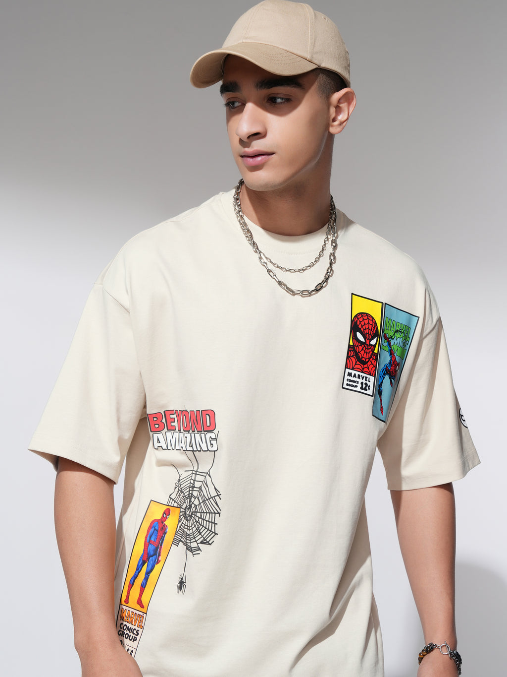 Marvel By Highlander Men Cream Spider-Man Printed Round Neck Oversized Fit T-Shirt - Cream - Image 1