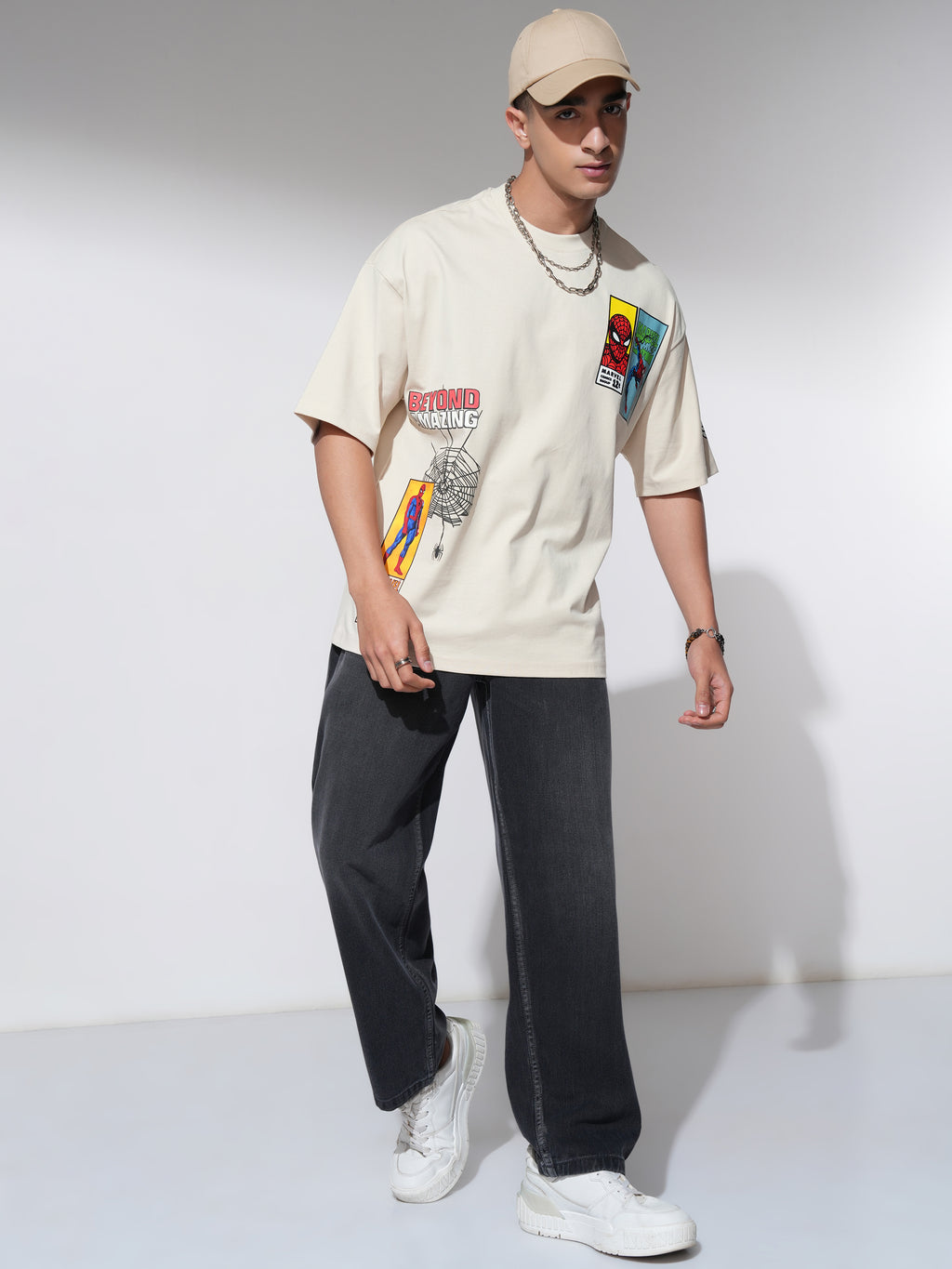 Marvel By Highlander Men Cream Spider-Man Printed Round Neck Oversized Fit T-Shirt - Cream - Image 2