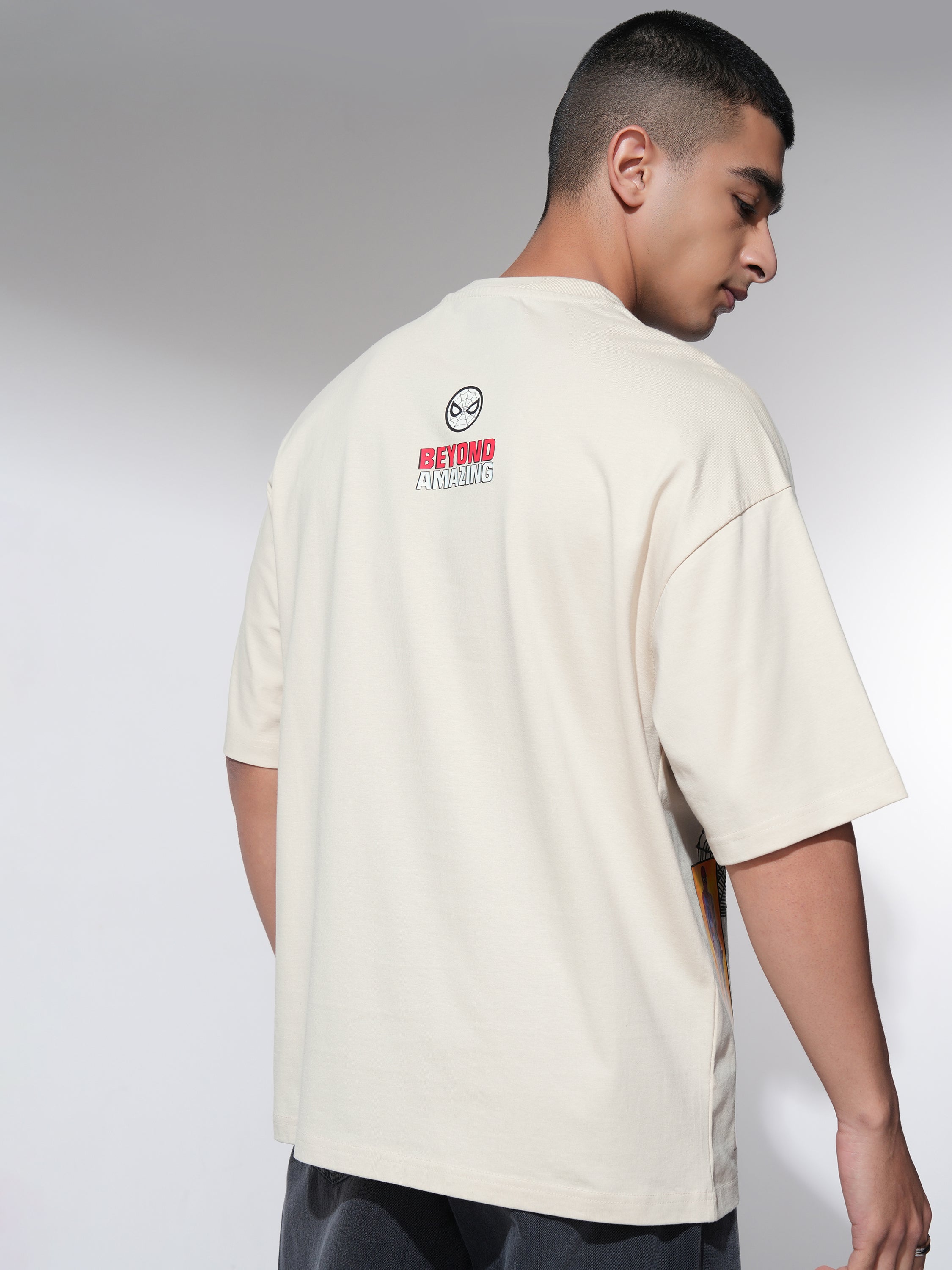 Marvel By Highlander Men Cream Spider-Man Printed Round Neck Oversized Fit T-Shirt - Cream - Image 3