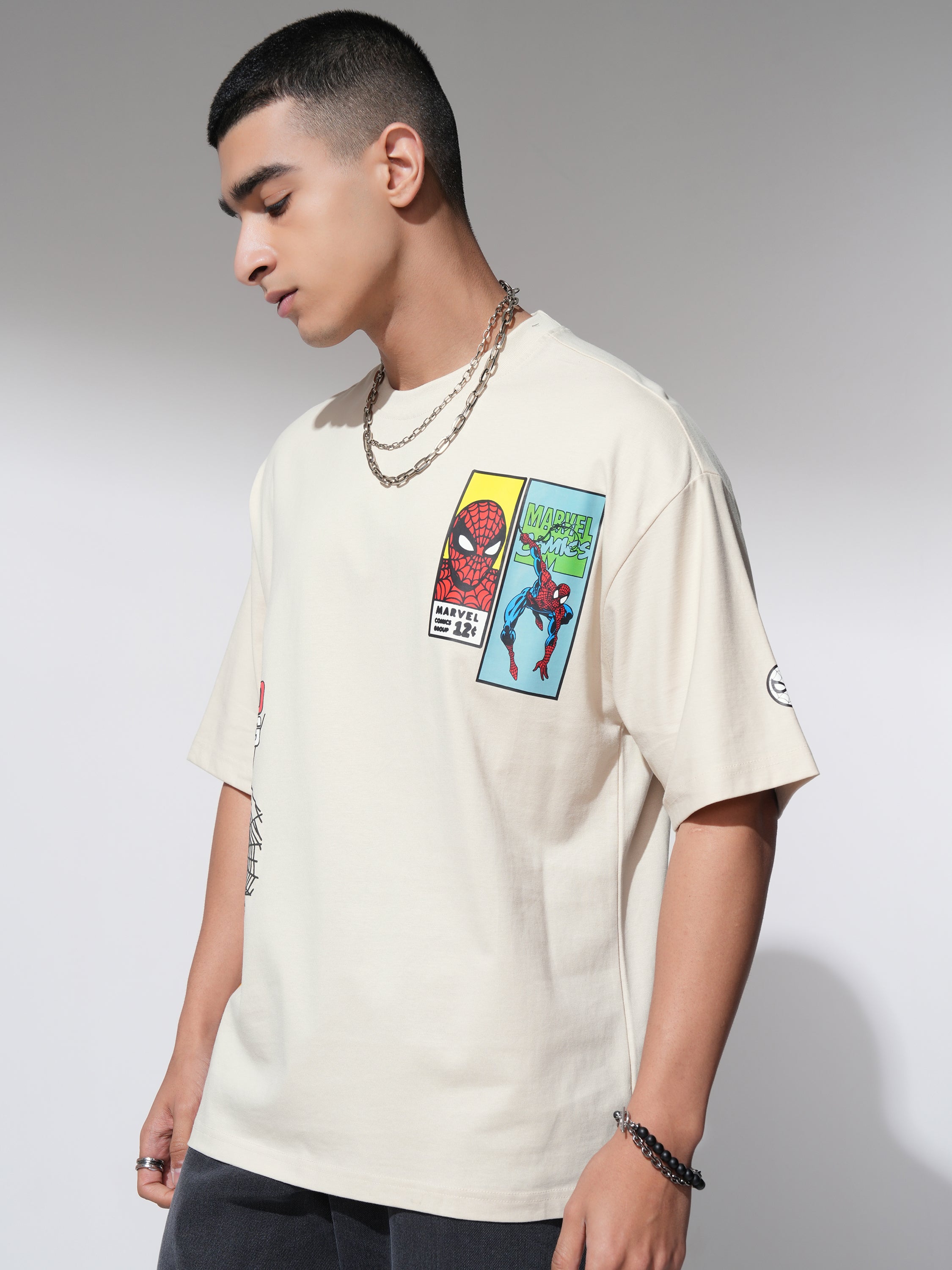 Marvel By Highlander Men Cream Spider-Man Printed Round Neck Oversized Fit T-Shirt - Cream - Image 4
