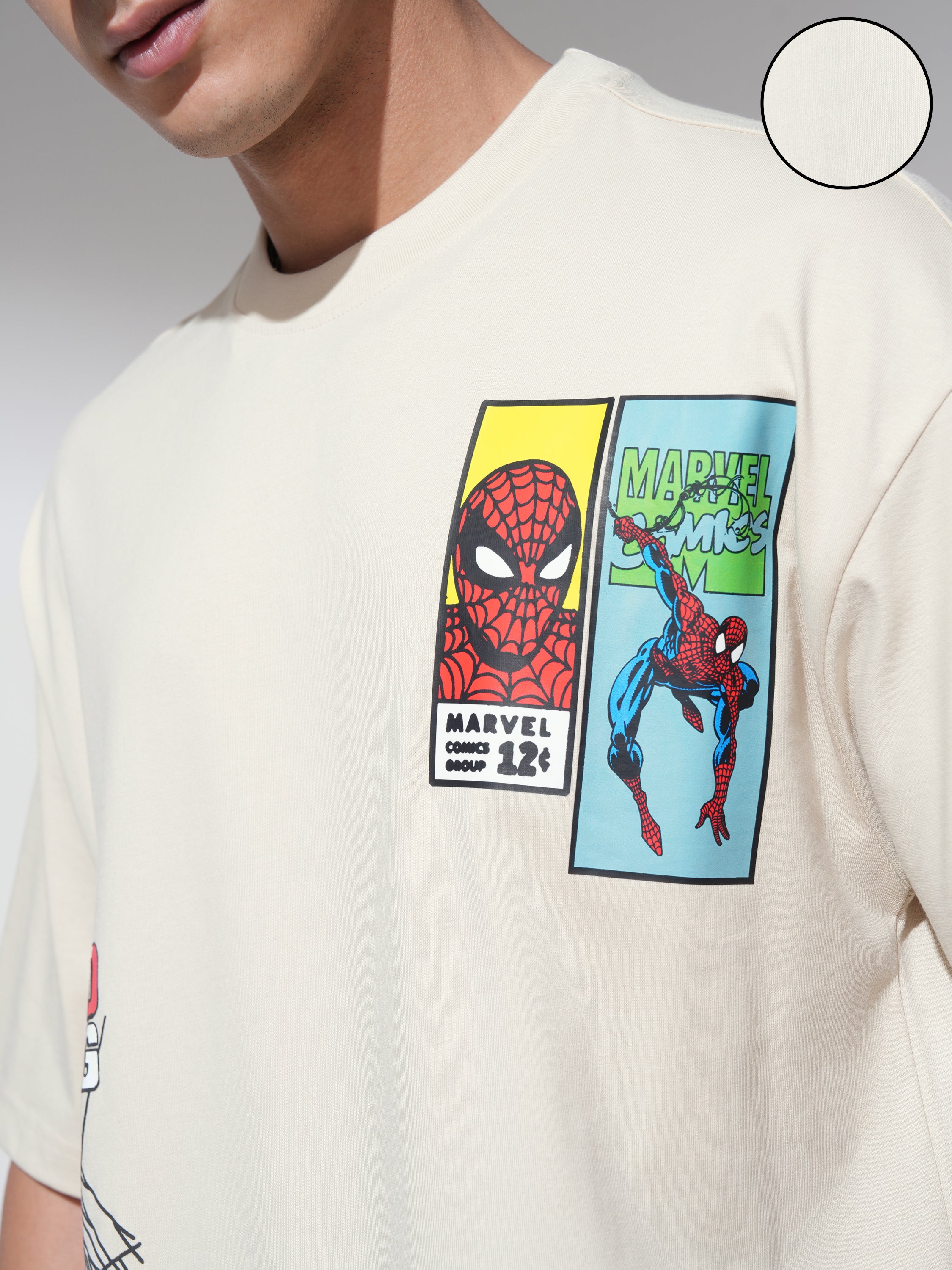 Marvel By Highlander Men Cream Spider-Man Printed Round Neck Oversized Fit T-Shirt - Cream - Image 5