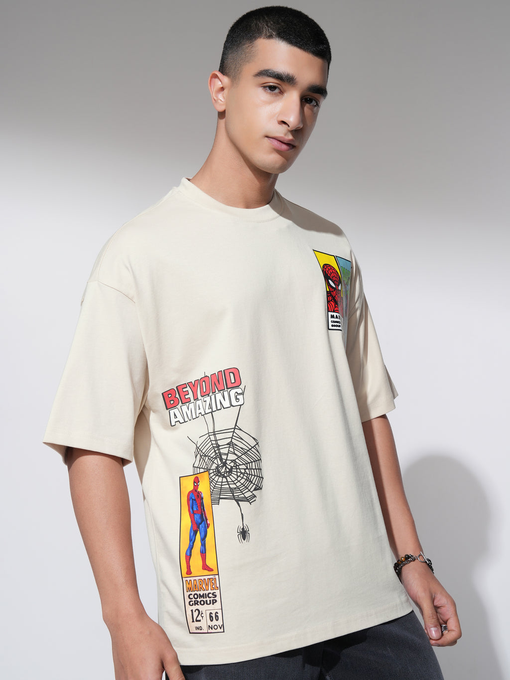 Marvel By Highlander Men Cream Spider-Man Printed Round Neck Oversized Fit T-Shirt - Cream - Image 6