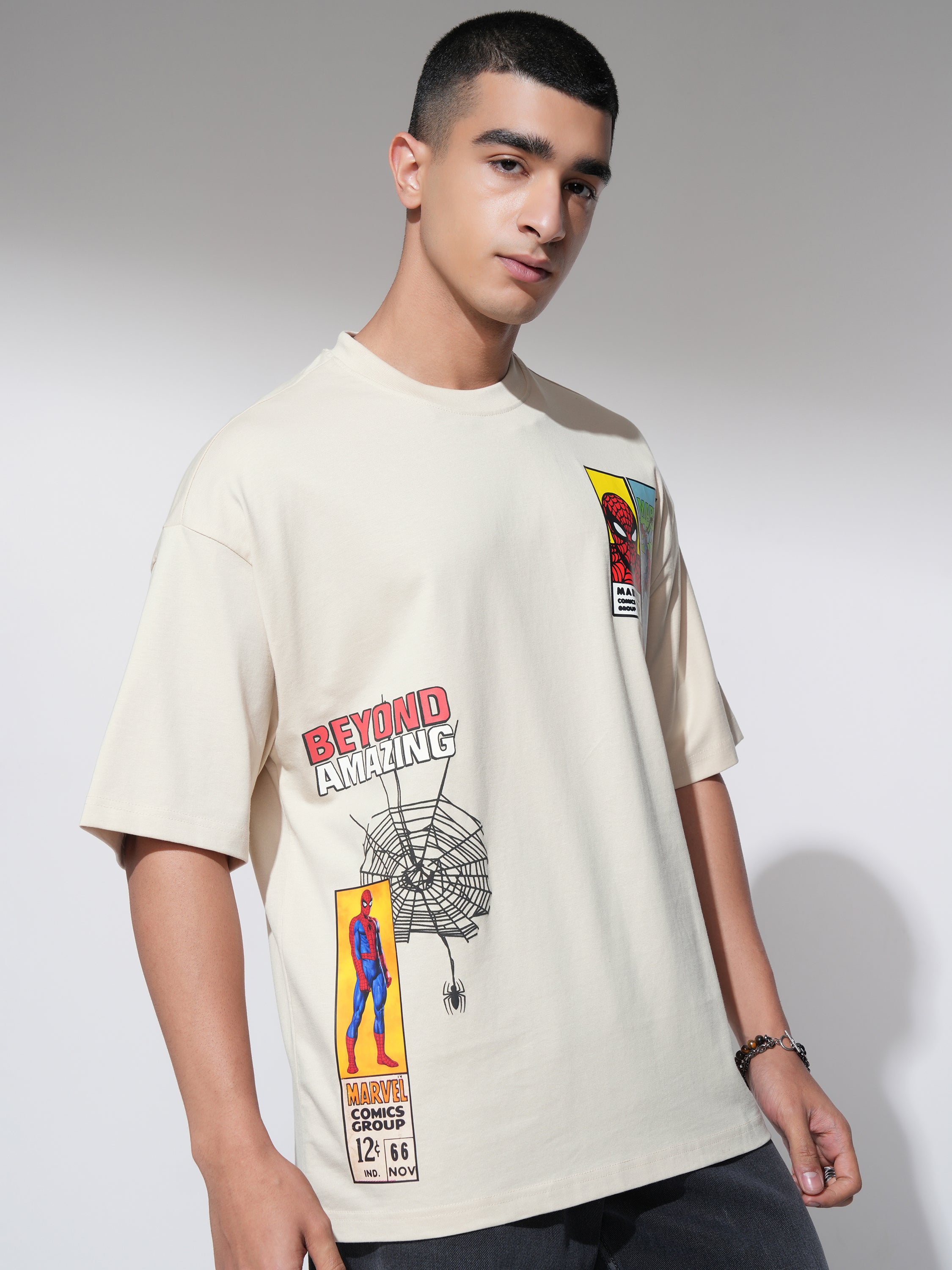 Marvel By Highlander Men Cream Spider-Man Printed Round Neck Oversized Fit T-Shirt - Cream - Image 6
