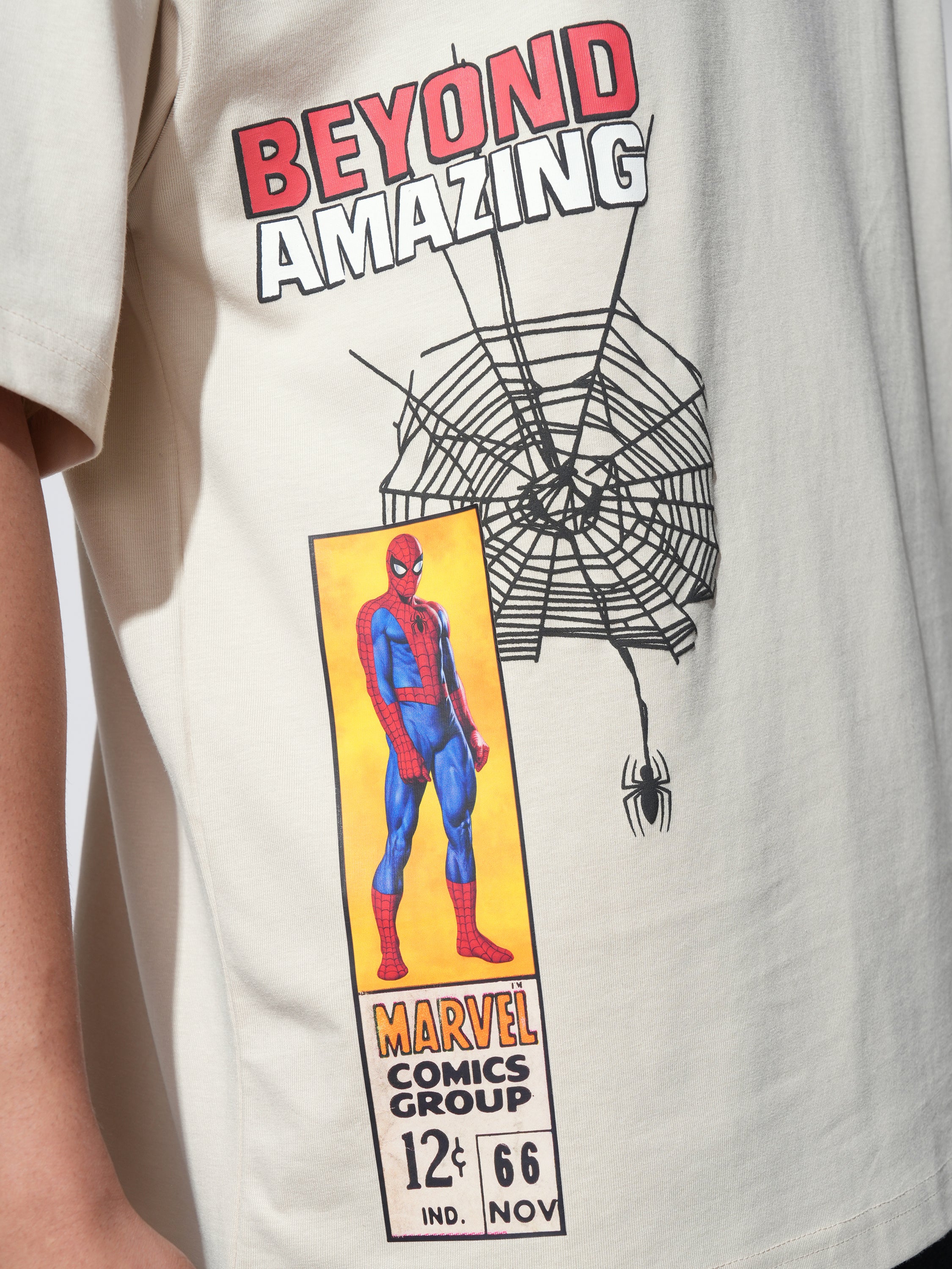 Marvel By Highlander Men Cream Spider-Man Printed Round Neck Oversized Fit T-Shirt - Cream - Image 7