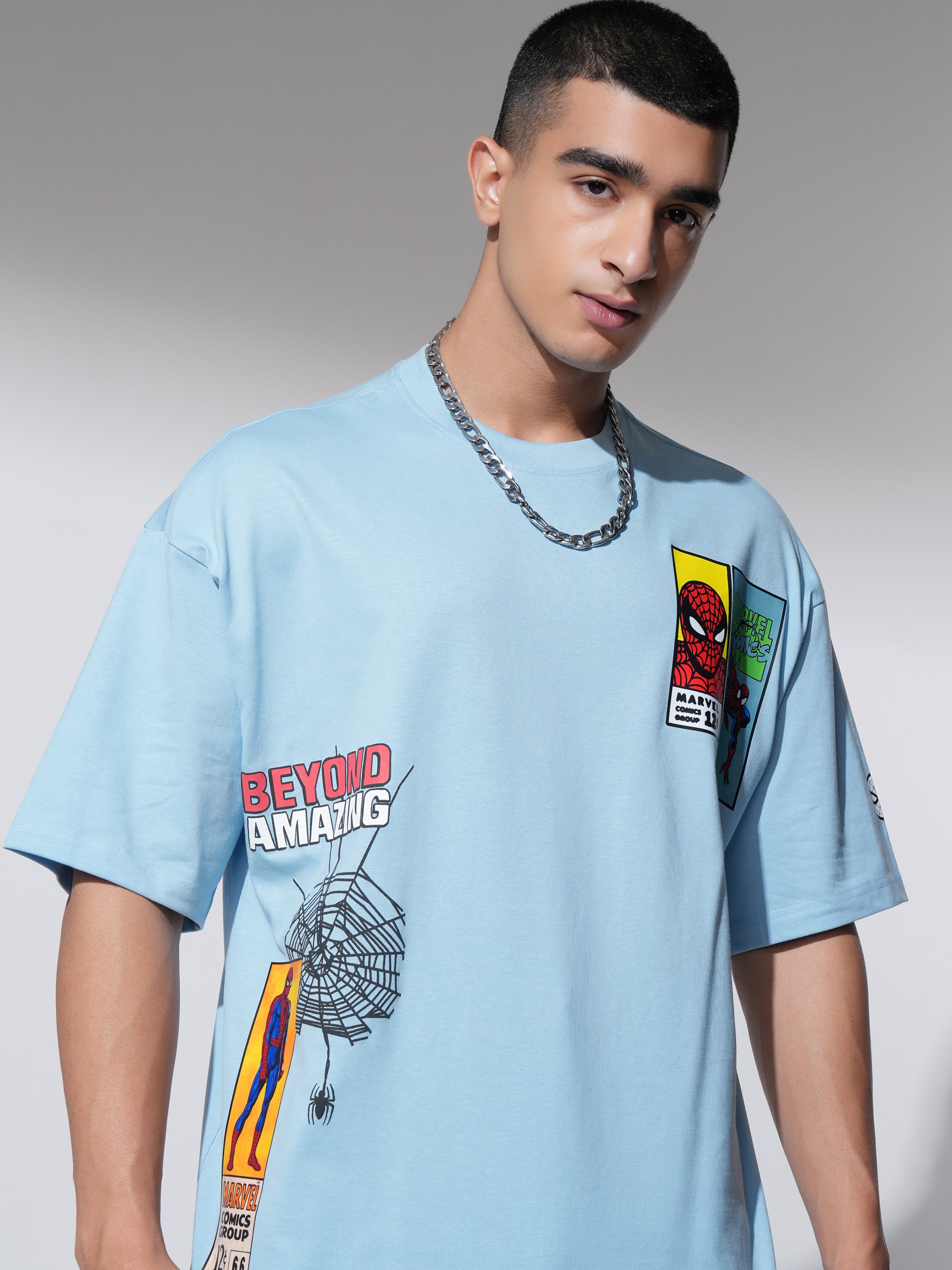 Marvel By Highlander Men Blue Spider-Man Printed Round Neck Oversized Fit T-Shirt - Blue - Image 1