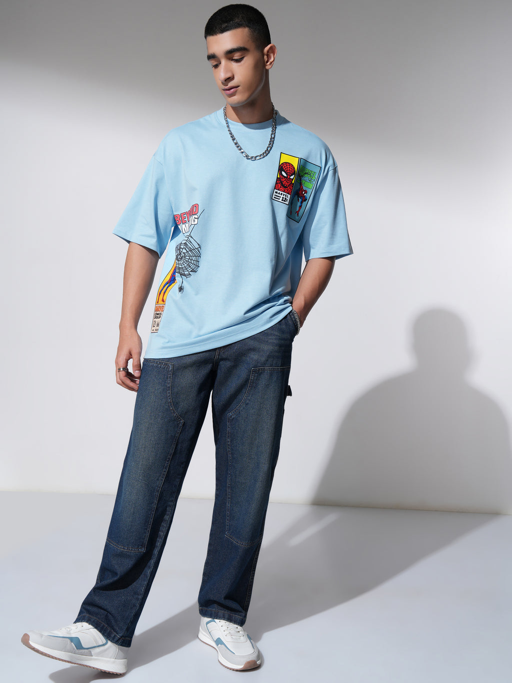 Marvel By Highlander Men Blue Spider-Man Printed Round Neck Oversized Fit T-Shirt - Blue - Image 2