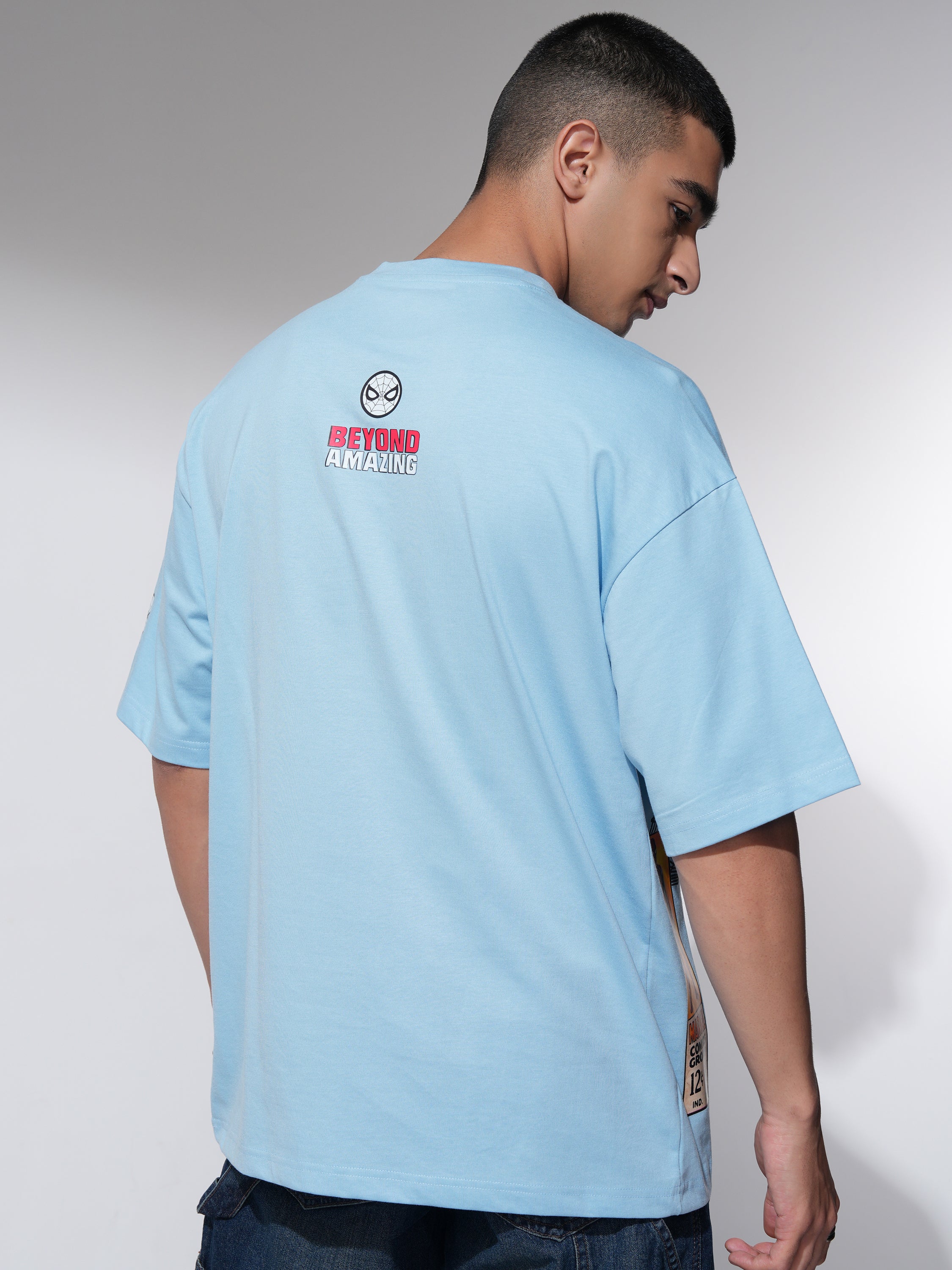 Marvel By Highlander Men Blue Spider-Man Printed Round Neck Oversized Fit T-Shirt - Blue - Image 3