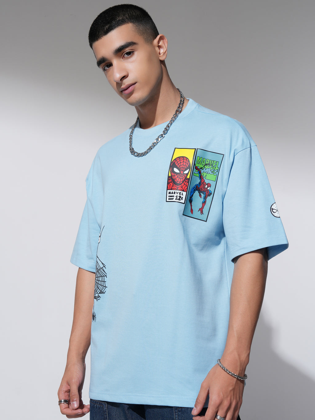 Marvel By Highlander Men Blue Spider-Man Printed Round Neck Oversized Fit T-Shirt - Blue - Image 4