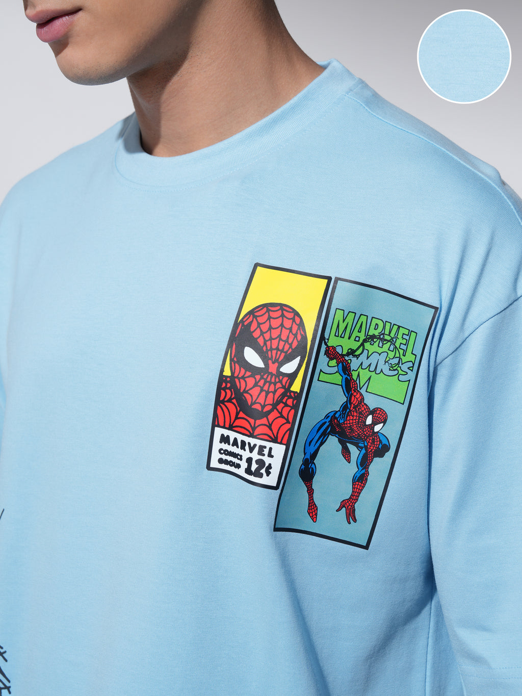 Marvel By Highlander Men Blue Spider-Man Printed Round Neck Oversized Fit T-Shirt - Blue - Image 5