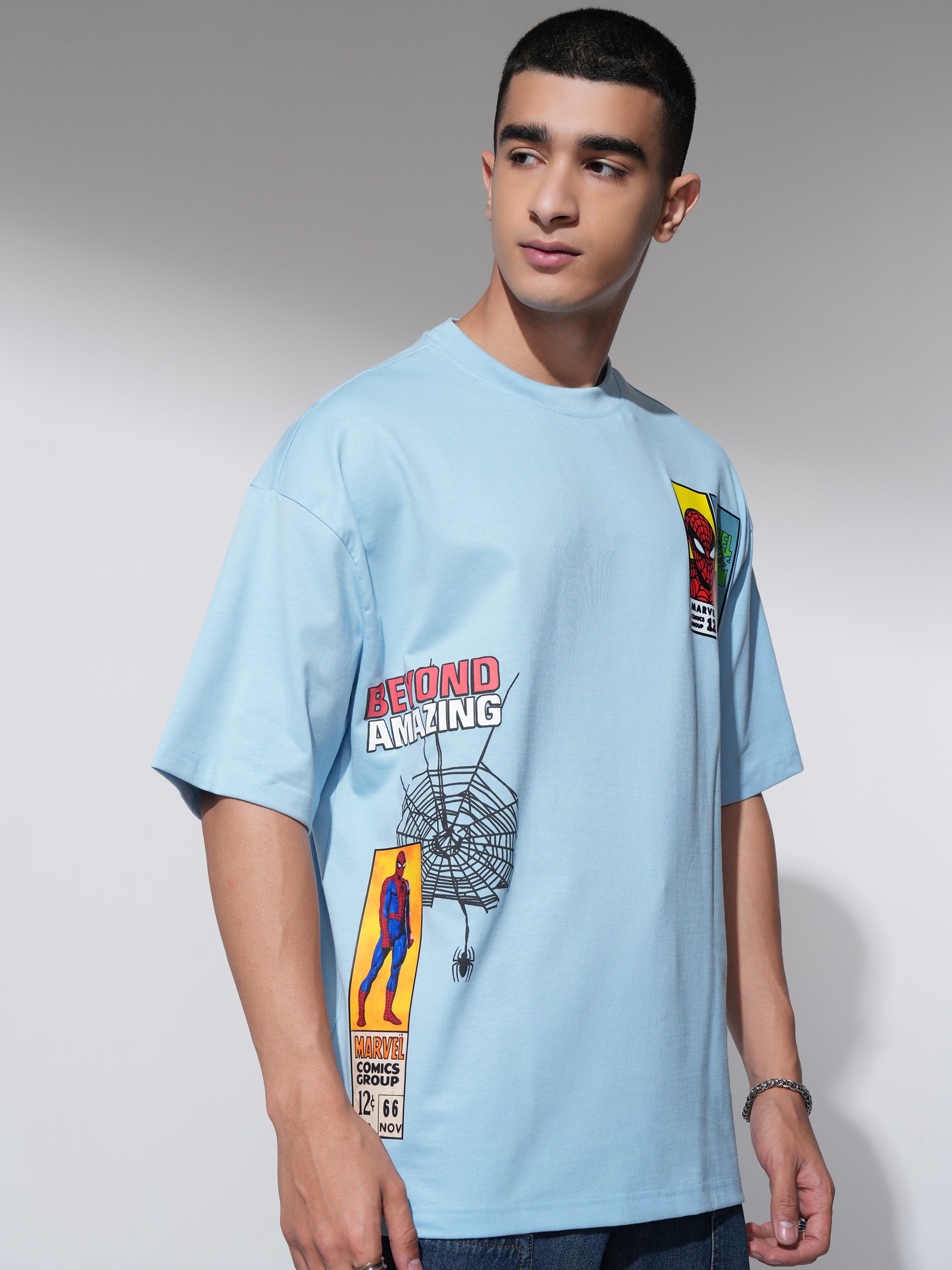 Marvel By Highlander Men Blue Spider-Man Printed Round Neck Oversized Fit T-Shirt - Blue - Image 6