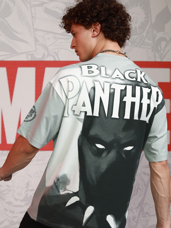 Marvel By Highlander Men Grey Black Panther Printed Round Neck Oversized Fit T-Shirt - Grey - Image 1