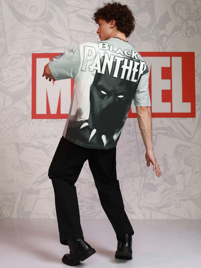 Marvel By Highlander Men Grey Black Panther Printed Round Neck Oversized Fit T-Shirt - Grey - Image 2