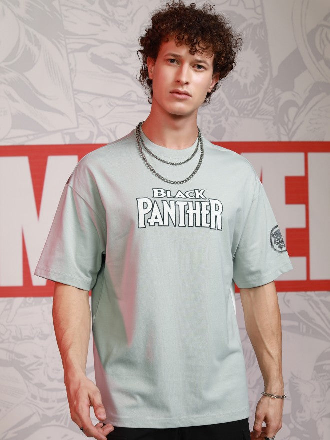 Marvel By Highlander Men Grey Black Panther Printed Round Neck Oversized Fit T-Shirt - Grey - Image 3