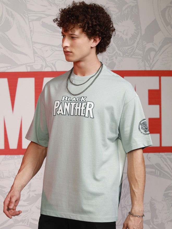 Marvel By Highlander Men Grey Black Panther Printed Round Neck Oversized Fit T-Shirt - Grey - Image 4