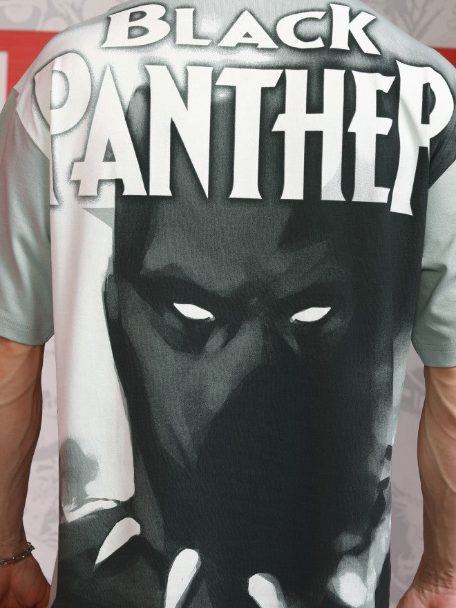 Marvel By Highlander Men Grey Black Panther Printed Round Neck Oversized Fit T-Shirt - Grey - Image 7