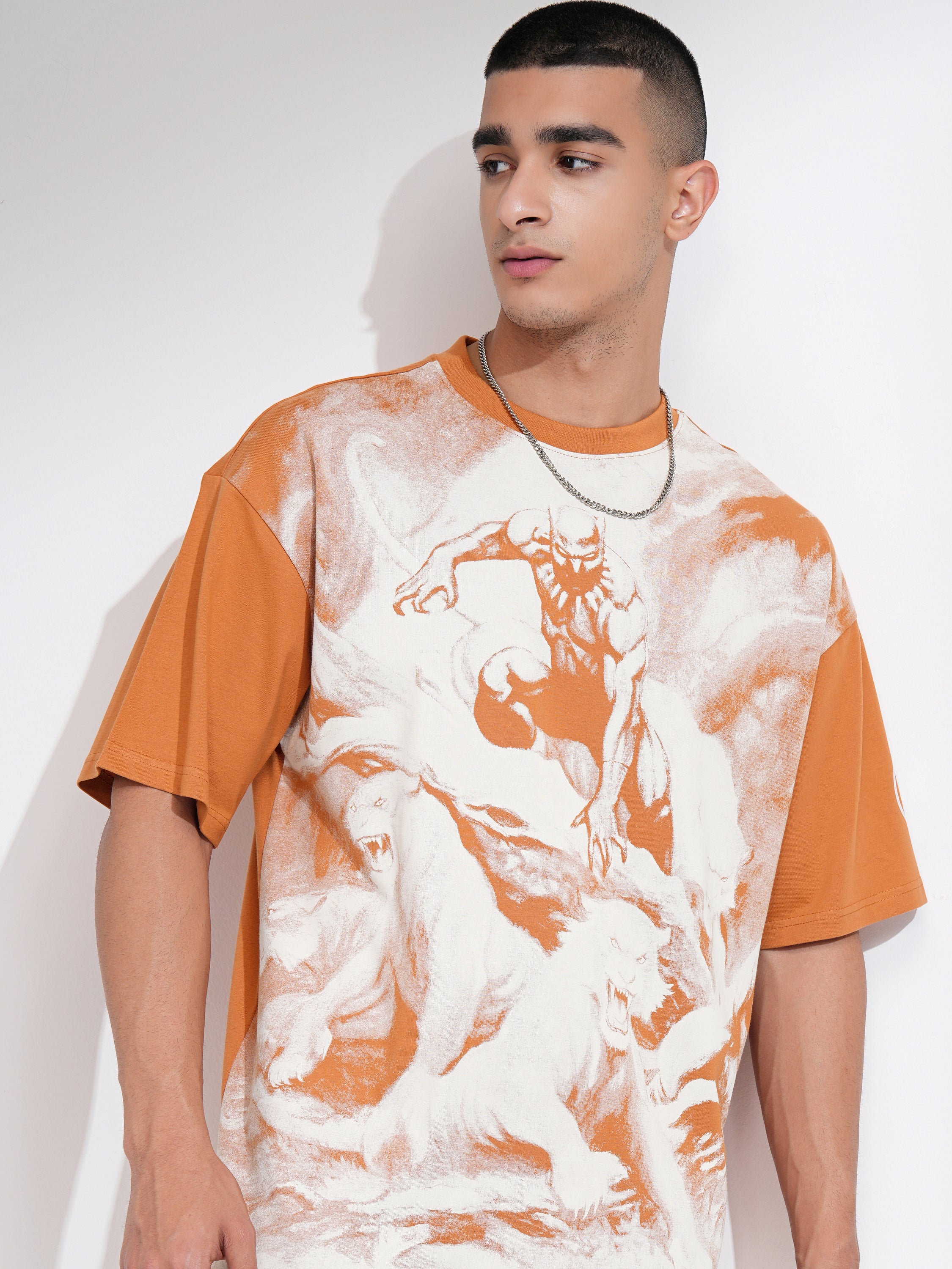 Marvel By Highlander Men Tan Black Panther Printed Round Neck Oversized Fit T-Shirt - Tan - Image 1
