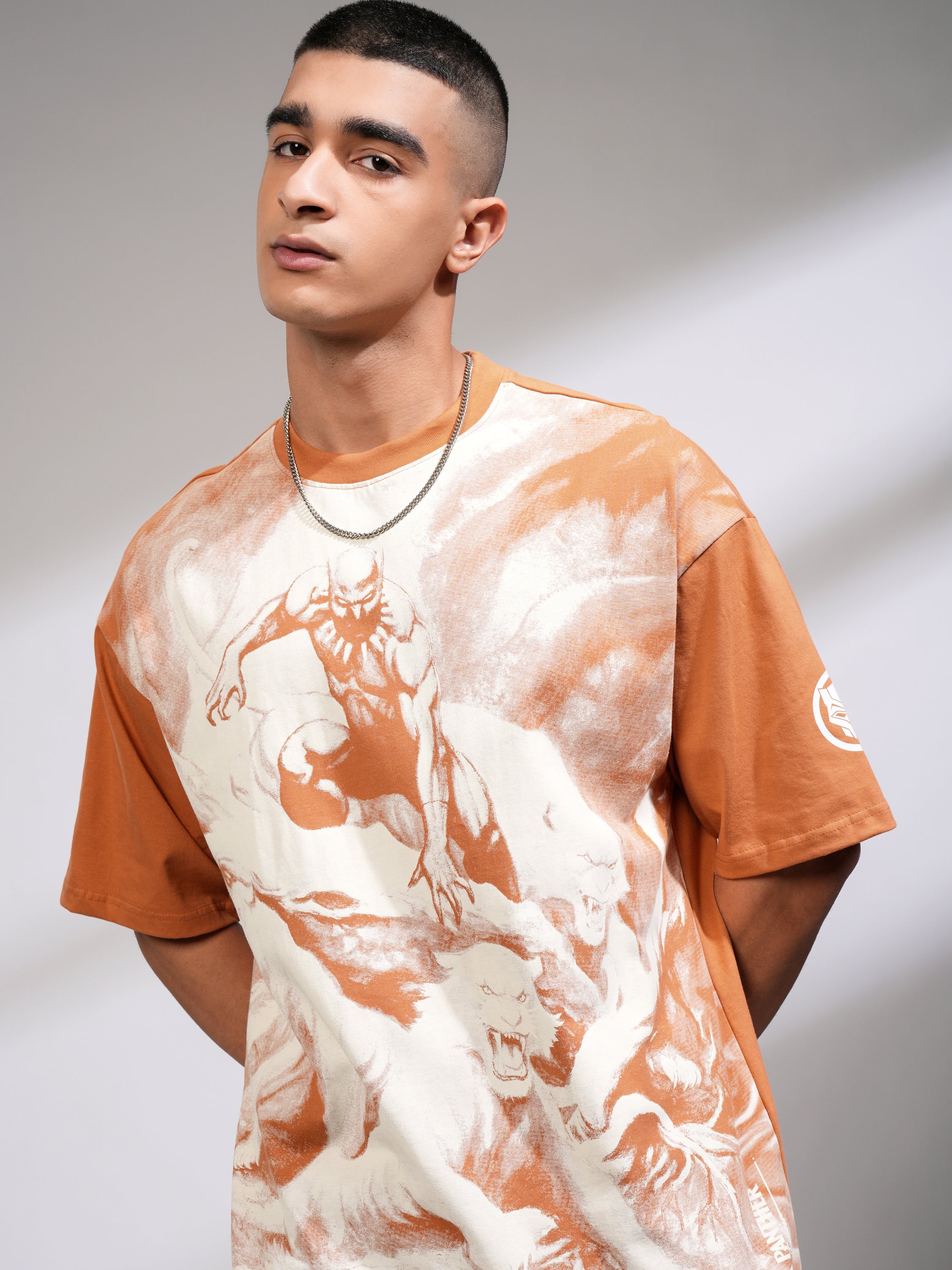 Marvel By Highlander Men Tan Black Panther Printed Round Neck Oversized Fit T-Shirt - Tan - Image 1