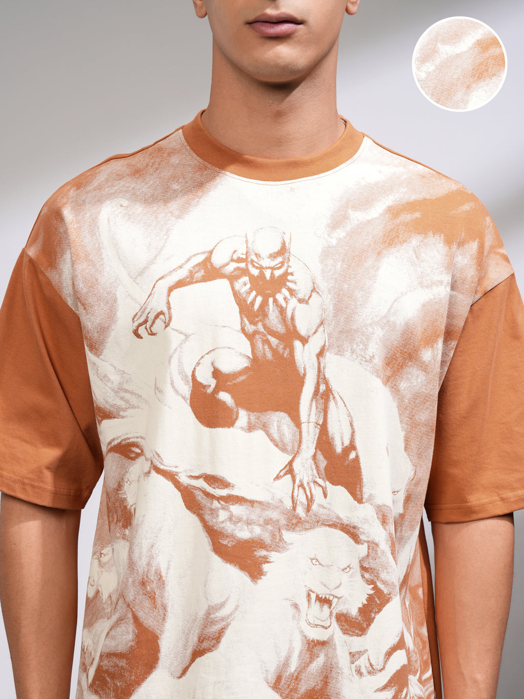 Marvel By Highlander Men Tan Black Panther Printed Round Neck Oversized Fit T-Shirt - Tan - Image 5