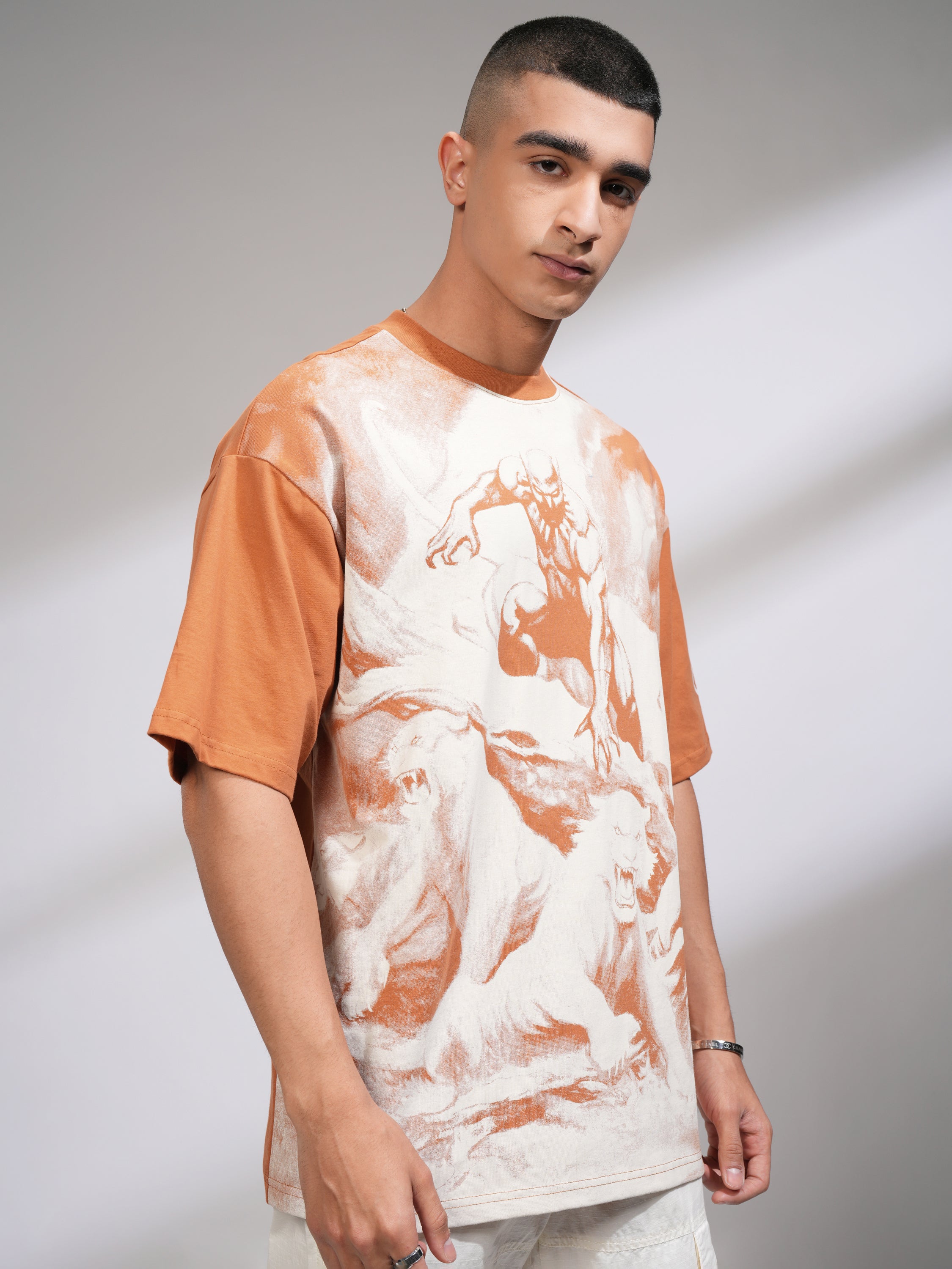 Marvel By Highlander Men Tan Black Panther Printed Round Neck Oversized Fit T-Shirt - Tan - Image 6