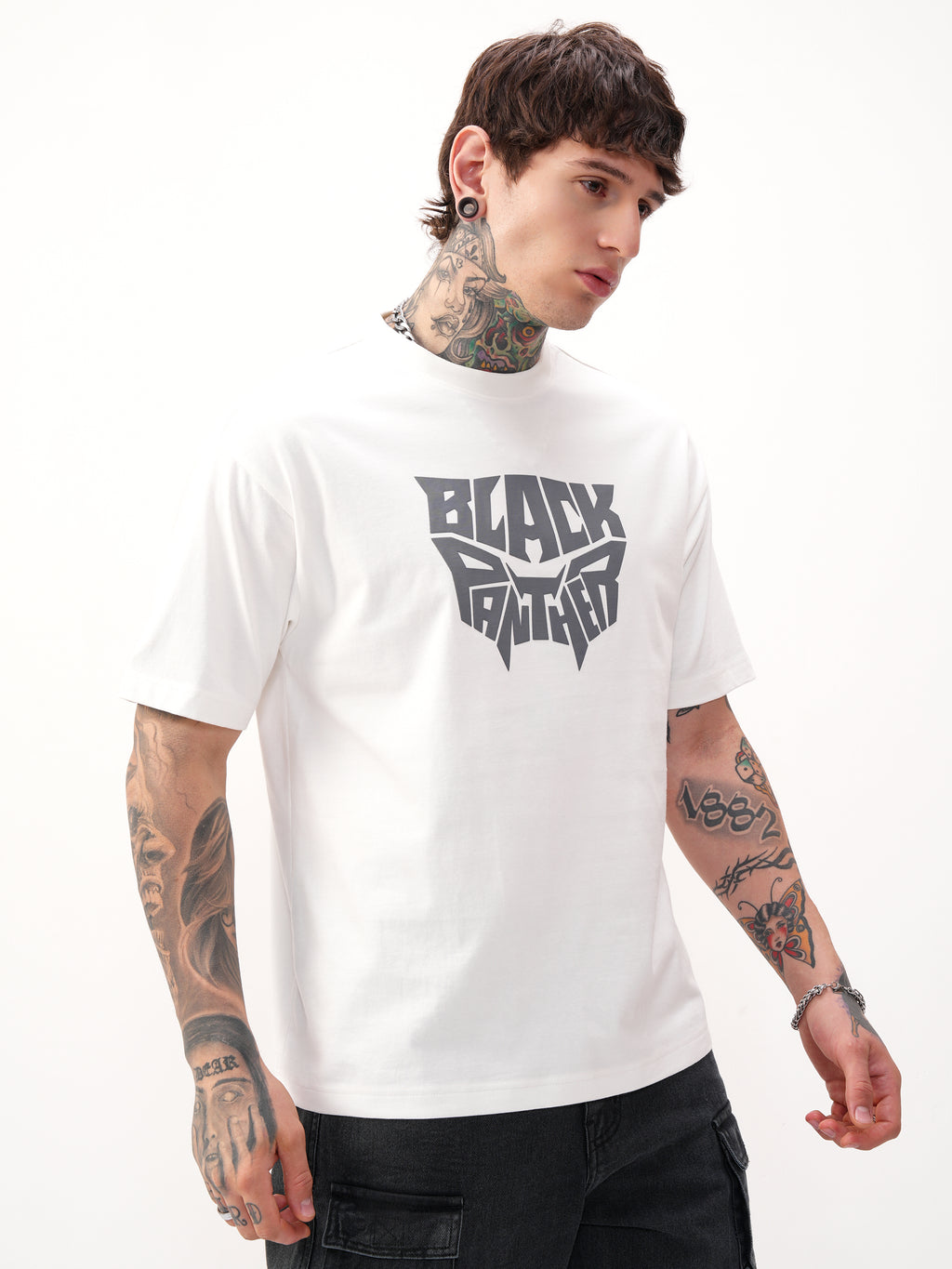 Marvel By Highlander Men White Black Panther Printed Round Neck T-Shirt - White - Image 6