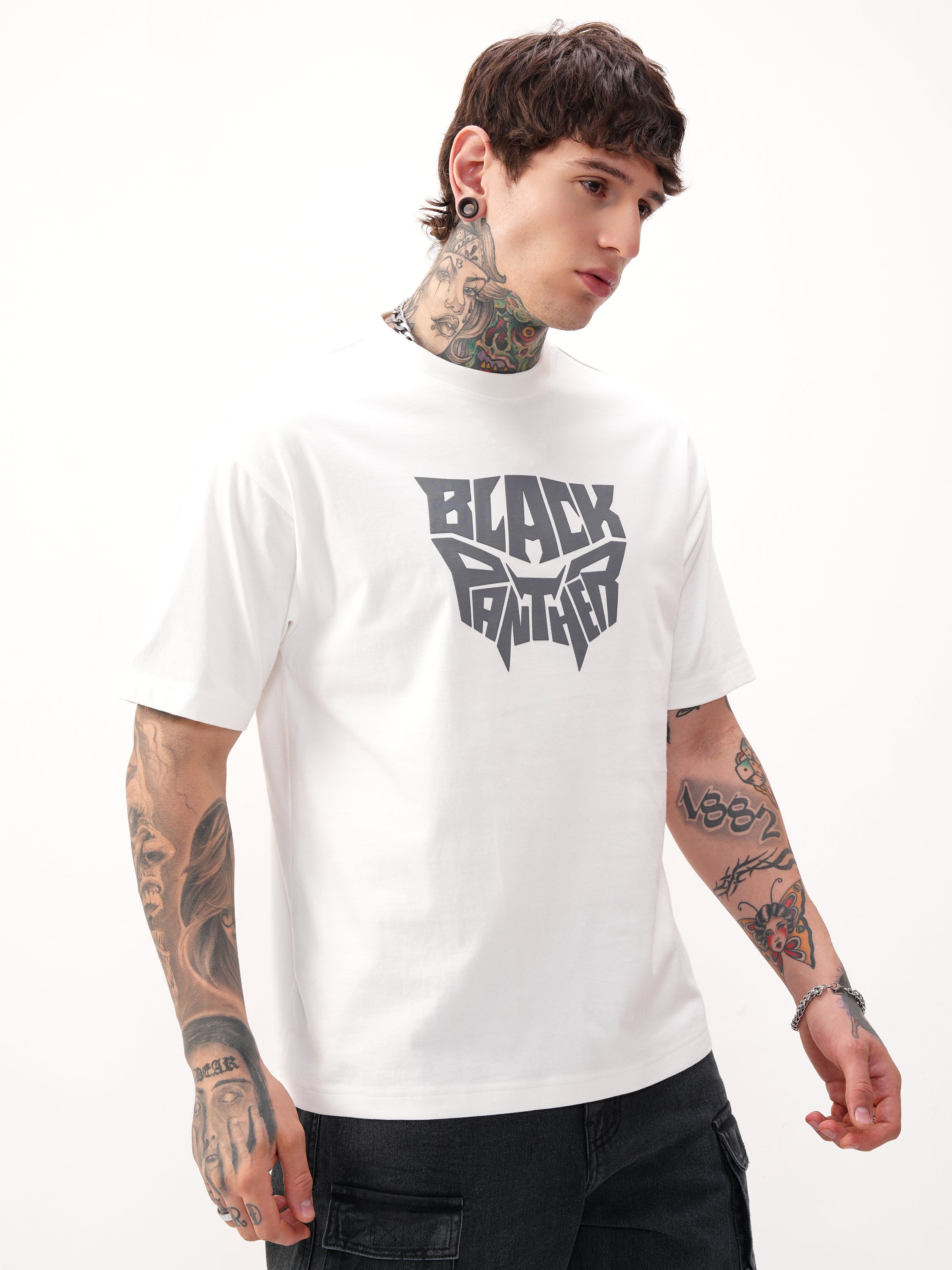 Marvel By Highlander Men White Black Panther Printed Round Neck T-Shirt - White - Image 6