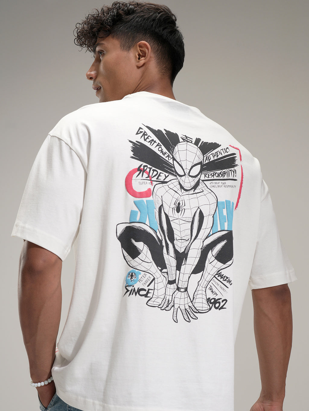 Marvel By Highlander Men Off White Spider-Man Printed Round Neck Oversized Fit T-Shirt - Off White - Image 1