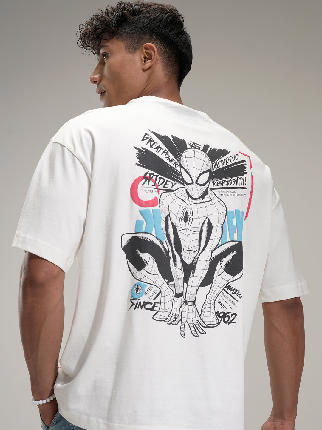 Marvel By Highlander Men Off White Spider-Man Printed Round Neck Oversized Fit T-Shirt - Off White - Image 1
