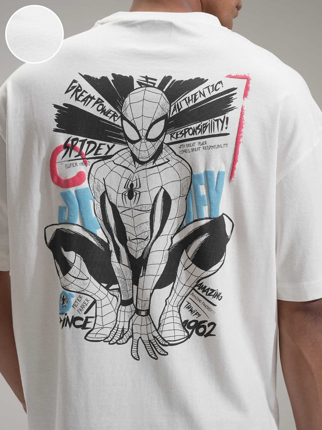 Marvel By Highlander Men Off White Spider-Man Printed Round Neck Oversized Fit T-Shirt - Off White - Image 5