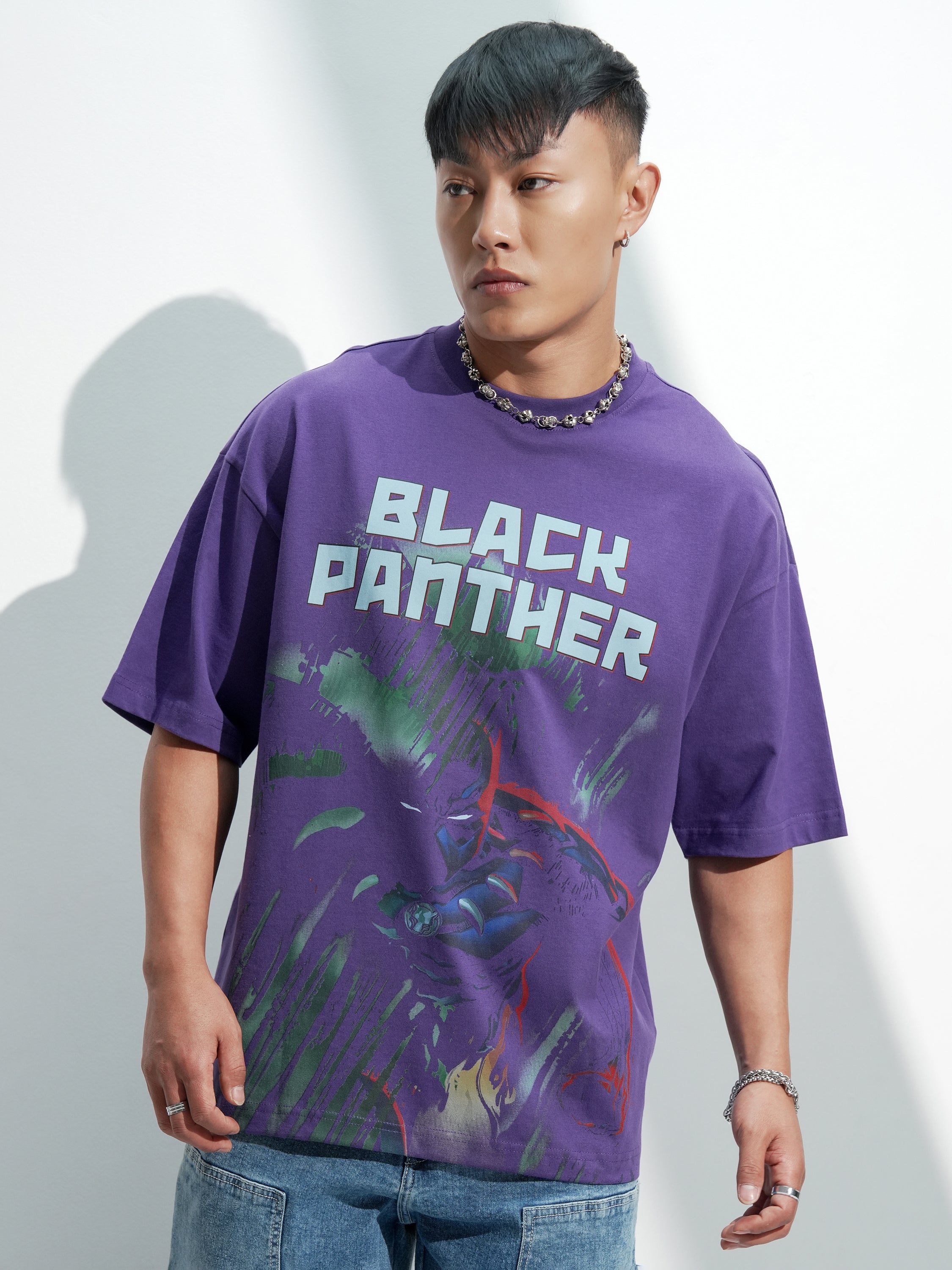 Marvel By Highlander Men Purple Black Panther Printed Round Neck Oversized Fit T-Shirt - Purple - Image 1
