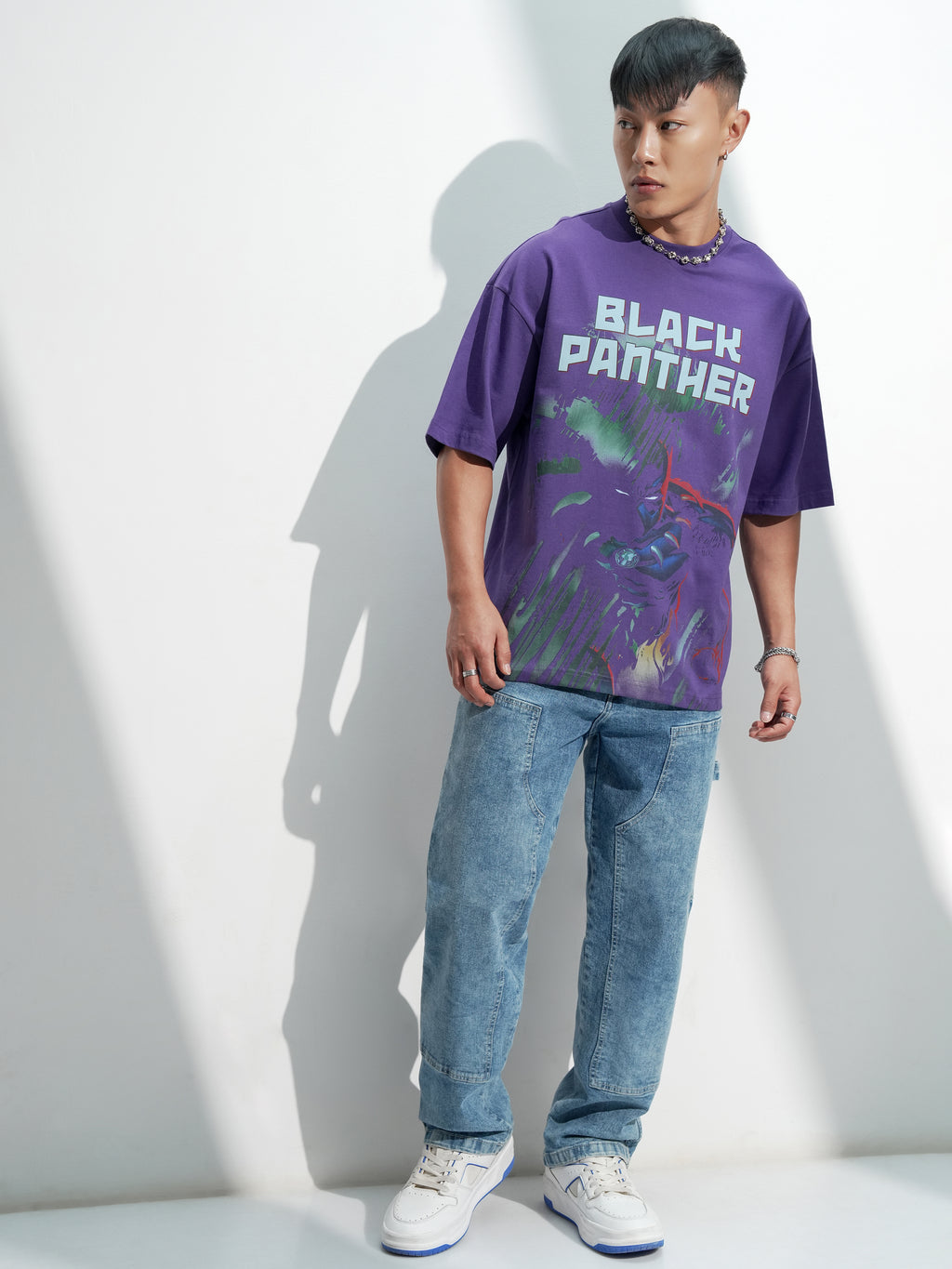 Marvel By Highlander Men Purple Black Panther Printed Round Neck Oversized Fit T-Shirt - Purple - Image 2