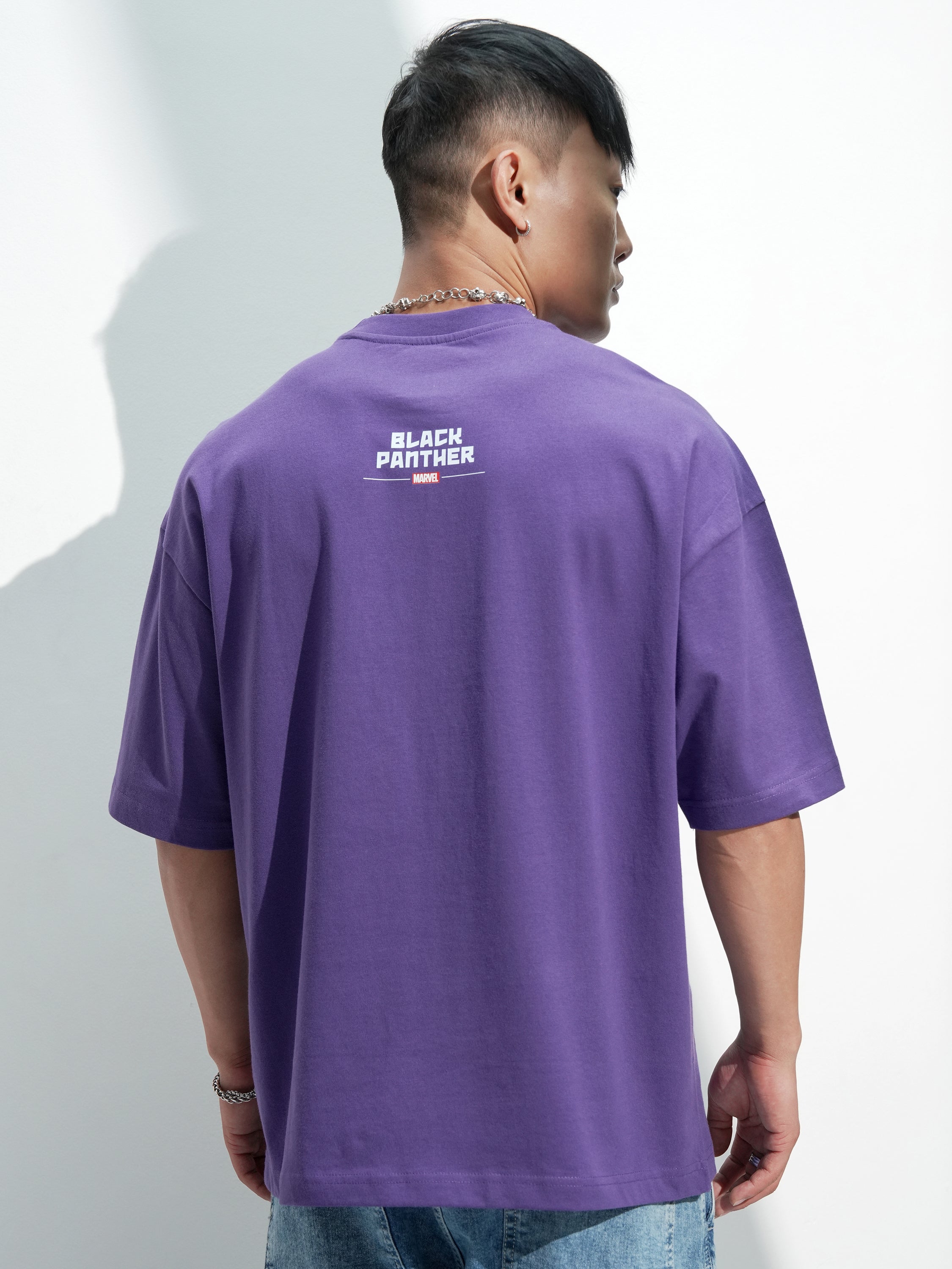 Marvel By Highlander Men Purple Black Panther Printed Round Neck Oversized Fit T-Shirt - Purple - Image 3